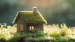 © ASHFAQ - Green and environmentally friendly housing concept. Miniature wooden house in spring grass. Eco house