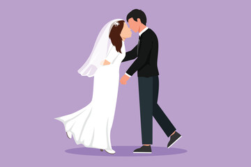 Wall Mural - Cartoon flat style drawing beautiful woman and man stand in love and kiss each other in wedding celebration. Young married couple lovers kissing with wedding dress. Graphic design vector illustration