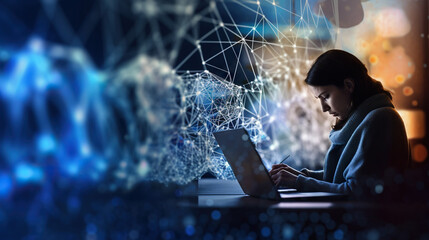hands typing on a laptop, connected business, internet and network environment, generative ai
