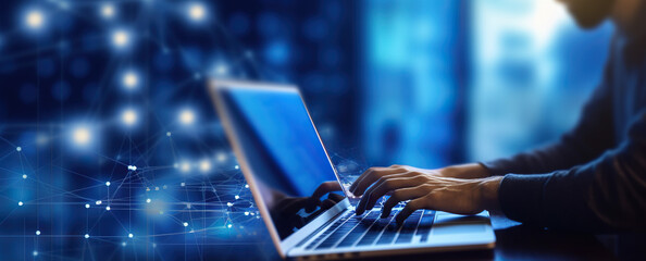 hands typing on a laptop, connected business, internet and network environment, generative ai