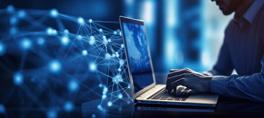 hands typing on a laptop, connected business, internet and network environment, generative ai