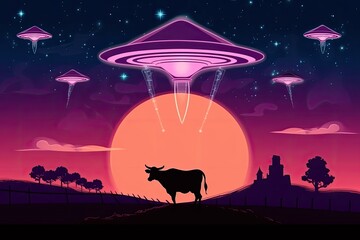 Wall Mural - ufo attack the cow at the earth. generative ai.