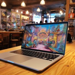 Wall Mural - Laptop in a cafe. Generative AI.