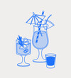 Pina Colada, Paloma cocktails, and a short drink. Line art, retro. Vector illustration for bars, cafes, and restaurants.