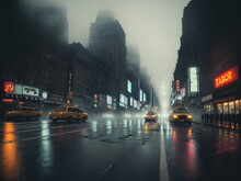 Taxi On The Background Of The Night City. Fog. The Light Of Lanterns. A Gloomy Photo. Generative AI.