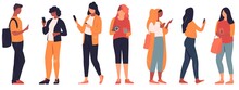 People Holding, Using Mobile Phones Set. Characters With Smartphones In Hands. Men, Women Use Cellphones, Surfing Internet, Chatting. Flat Graphic Vector Illustrations