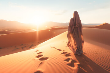 Arabian woman walking in the desert at sunrise with copy space travel conception ai generated art Generative AI