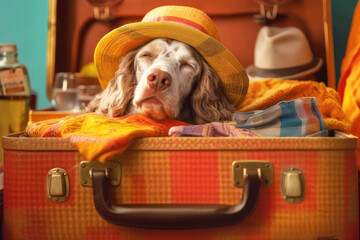 Spaniel dog in a straw hat in a suitcase. Travel concept with dog. Generative AI