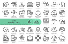 Set Of Conceptual Icons. Vector Icons In Flat Linear Style For Web Sites, Applications And Other Graphic Resources. Set From The Series - Insurance. Editable Outline Icon.	
