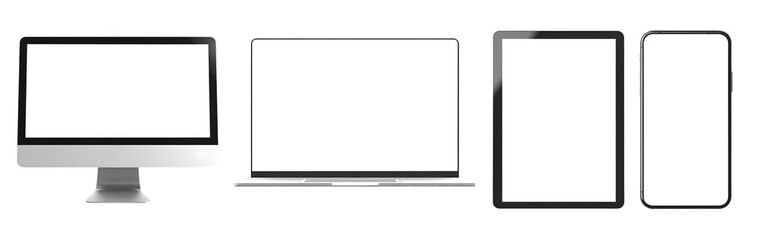Tablet desktop computer smartphone handphone on transparent background cutout, PNG file. Mockup template for artwork design. Copy text space. 3D rendering	
