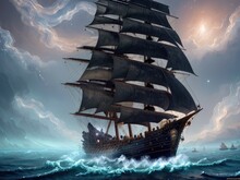 Sailing Ship In The Ocean. Illustration. Generative AI.