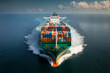 canvas print picture - An aerial top view of a container ship in the vast ocean, serving as a vital link for global business logistics, freight shipping, import, export, and international trade. Generative AI.