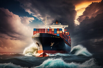 Wall Mural - Front view of a container ship in the vast ocean, serving as a vital link for global business logistics, freight shipping, import, export, and international trade. Generative AI.