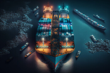 a container ship loading cargo at a deep-sea port. This essence of business, commercial trading, logistic operations, import, export, and freight transportation, maritime activity. Generative AI.