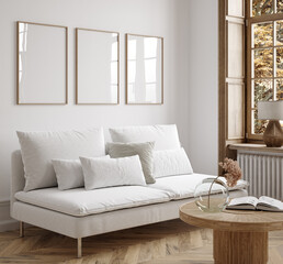 poster frame mockup in minimalist modern living room interior background, scandinavian style, 3d ren