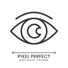 Sticker - Eye pixel perfect linear icon. Process monitoring and supervision. Spying malware. Thin line illustration. Contour symbol. Vector outline drawing. Editable stroke. Poppins font used