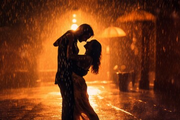 Couple dancing or embracing passionately in the rain. Generative Ai