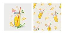 Summer Cocktails Collection. Hand Drawn Lemonade Vector Set In Risoprint Style. Colorful Seamless Pattern With Lemonade, Lemon Slice, Straw, Umbrella, Mint