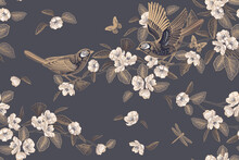 Dark Background. Birds, Butterflies, Dragonfly On Blossoming Tree. Vector Seamless Pattern. Vintage.