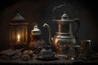 - still life, composition with metal vessels in candlelight 4, generative ai