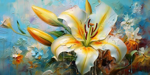 AI Generated. AI Generative. Beautiful botanic lily flower oil paint illustration. Aesthetics floral inspirational tenderness illustration. Graphic Art