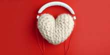 Santa Claus Hat With White Heart Headphone And Red Background