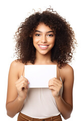 Wall Mural - A beautiful young woman holding a blank sign. Generative AI. Latino model with blank paper, copy-space, place for text.