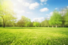 Beautiful Blurred Background Image Of Spring Nature With A Neatly Trimmed Lawn Surrounded By Trees Against A Blue Sky With Clouds On A Bright Sunny, Generative AI
