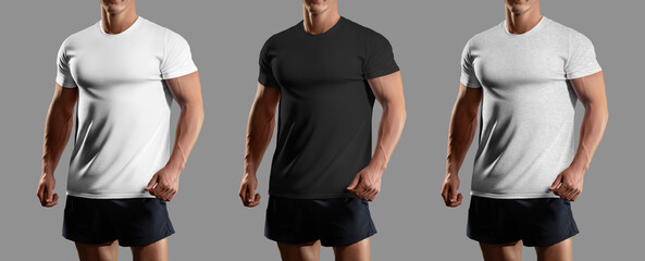 Poster - White, black, heather t-shirt template on an athletic man in shorts, front view, apparel for branding, design, commerce. Set.