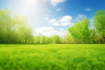 Beautiful blurred background image of spring nature with a neatly trimmed lawn surrounded by trees against a blue sky with clouds on a bright sunny, Generative AI