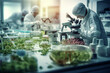 Scientists working in a state-of-the-art laboratory conducting research in food technology, using a macro lens to capture intricate details and a modern, clean aesthetic