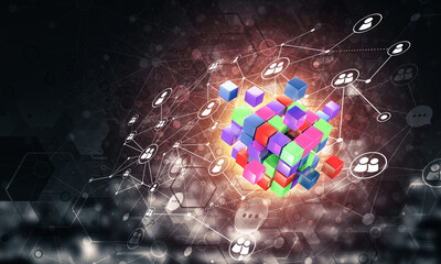 Wall Mural - concept of internet and networking with digital cube figure on dark background