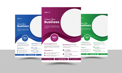 Corporate business flyer template design set with green, blue, and purple colors variation. organic shape modern creative unique idea cover brochure a4 size half page flyer background for company