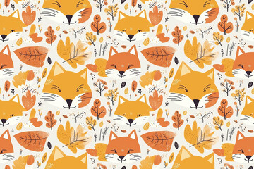 Wall Mural - Cute seamless autumn pattern of fox cubs' muzzles with leaves and dots. Generative AI illustration