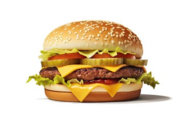 Wall Mural - Grilled Hamburger on White Background. Isolated Beef Burger Meal Fast Food