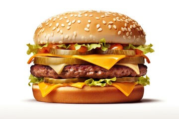 Wall Mural - Grilled Hamburger on White Background. Isolated Beef Burger Meal Fast Food