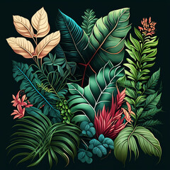  Tropical leaves and flowers on dark background. Vector illustration.