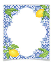 Frame With Blue Tiles And Lemon Branches, Vector.