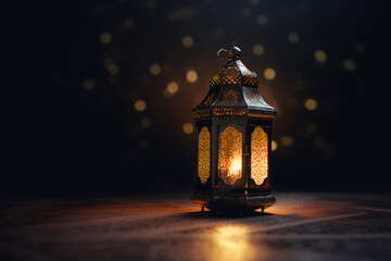 Radiant Ramadan lantern in a dark room with a dark and blurry image behind it, generative ai