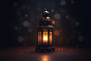 Radiant Ramadan lantern in a dark room with a dark and blurry image behind it, generative ai