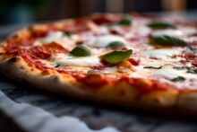Macro Detail Close-up Photography Of A Tempting Pizza On A Marble Slab Against A Sandstone Background. With Generative AI Technology