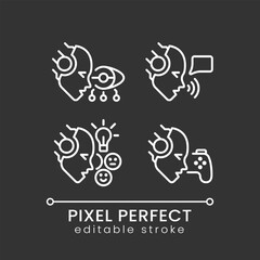 Poster - Artificial intelligence benefits pixel perfect white linear icons set for dark theme. AI advantages. Big data. Night mode simple thin line symbols. Isolated outline illustrations. Editable stroke