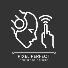 Sticker - AI touches pixel perfect white linear icon for dark theme. Artificial intelligence tactile development. Sensor usage. Thin line illustration. Isolated symbol for night mode. Editable stroke