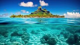 Fototapeta Do akwarium - Deep blue sea. A tropical island paradise in the distance. Summer vacation at the sea. Generative AI