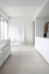 Sticker - Minimalistic modern white interior with glossy concrete floor and large bright windows. Generative Ai