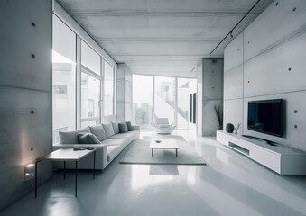 Sticker - Minimalistic modern white interior with glossy concrete floor and large bright windows. Generative Ai