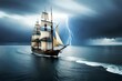 ship in the sea with thunder lightening AI generated 