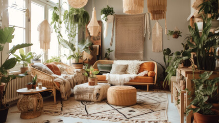 Wall Mural - Boho style living room in earthy tones with plants, macrame, and woven textiles. Generative AI