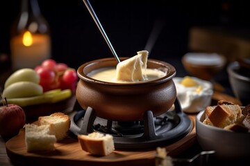 Macro detail close-up photography of a delicious fondue on a wooden board against a dark background. With generative AI technology