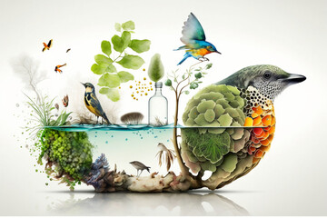 creative collage of biodiversity in the form of an animal, ecosystem and protection of nature and aq